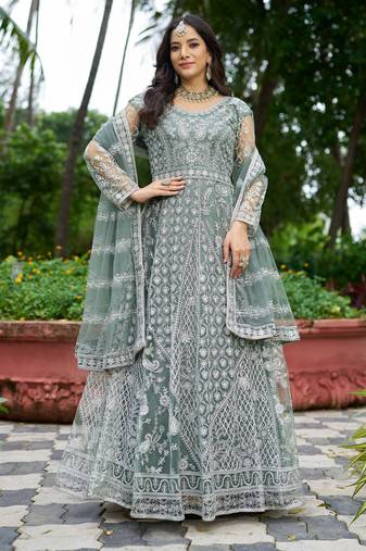 Sea Green butterfly net Anarkali With Dupatta