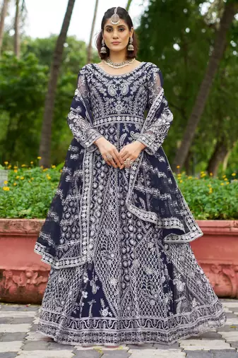 blue butterfly net anarkali with dupatta