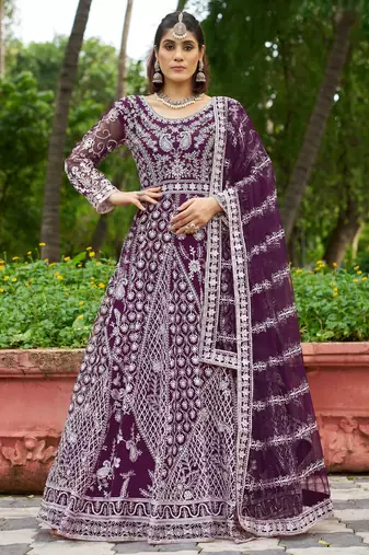 Purple butterfly net Anarkali With Dupatta