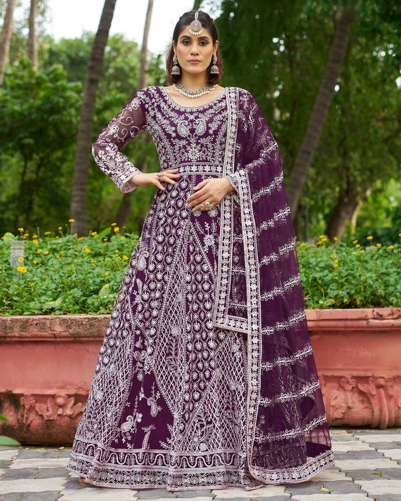 Purple butterfly net Anarkali With Dupatta