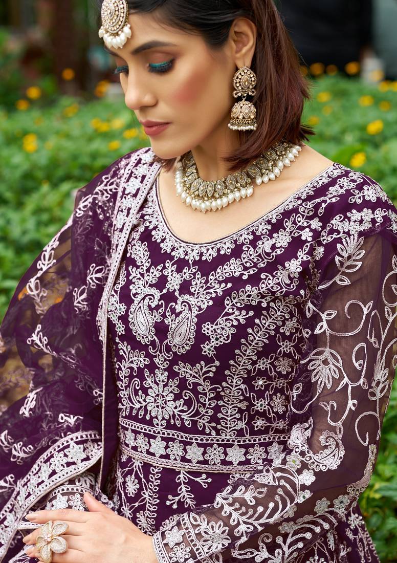 Purple butterfly net Anarkali With Dupatta