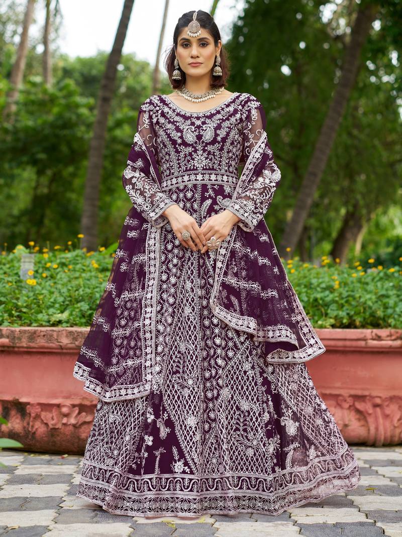 Purple butterfly net Anarkali With Dupatta