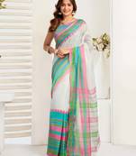 White linen blend ready to wear saree with printed work & contrast border | one minute saree with blouse fabric