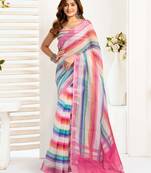 Multi-colored designer linen blend one minute saree with all-over stripes print, ready to wear style & blouse piece