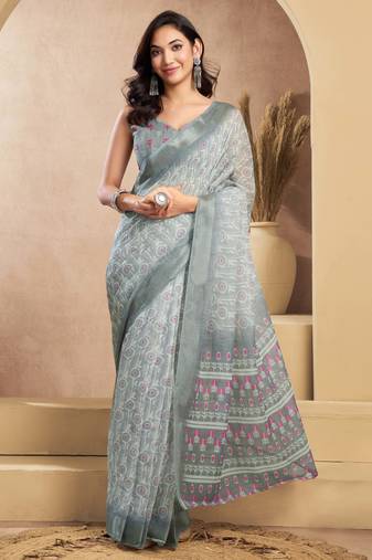 Grey printed linen blend ready to wear saree with zari border | one minute saree | unstitched blouse
