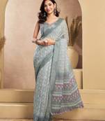 Grey printed linen blend ready to wear saree with zari border | one minute saree | unstitched blouse