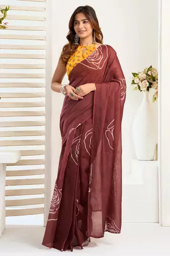 Brown lightweight linen blend ready-to-wear saree with printed work & zari border – one minute saree