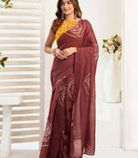 Brown lightweight linen blend ready-to-wear saree with printed work & zari border     one minute saree