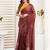 Brown lightweight linen blend ready-to-wear saree with printed work & zari border – one minute saree