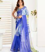 Blue linen blend printed one minute saree with elegant zari border | ready to wear saree with blouse piece