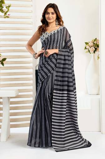 Black printed linen blend ready-to-wear one-minute saree with unstitched blouse