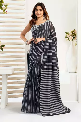 Black printed linen blend ready-to-wear one-minute saree with unstitched blouse
