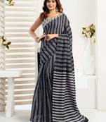 Black printed linen blend ready-to-wear one-minute saree with unstitched blouse