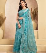 Aqua linen blend floral print ready drape one minute saree with blouse piece