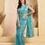 Aqua linen blend floral print ready drape one minute saree with blouse piece