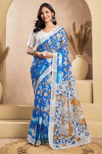 Blue linen blend printed kalamkari ready to wear saree with unstitched blouse