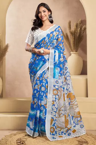 Blue linen blend printed kalamkari ready to wear saree with unstitched blouse