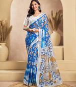 Blue linen blend printed kalamkari ready to wear saree with unstitched blouse