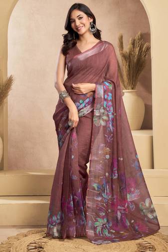 Brown linen blend floral print one minute saree with zari border | ready to wear saree with blouse fabric