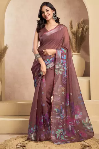 Brown linen blend floral print one minute saree with zari border | ready to wear saree with blouse fabric