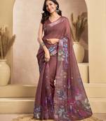 Brown linen blend floral print one minute saree with zari border | ready to wear saree with blouse fabric