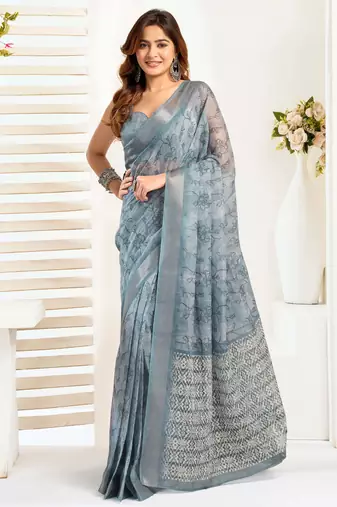 Light blue printed linen blend ready-to-wear saree with zari border | one-minute saree with unstitched blouse
