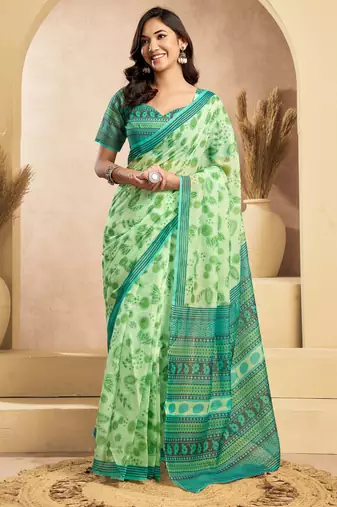 Light green printed linen blend ready to wear saree with zari border – easy draping one minute saree
