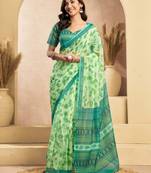 Light green printed linen blend ready to wear saree with zari border     easy draping one minute saree