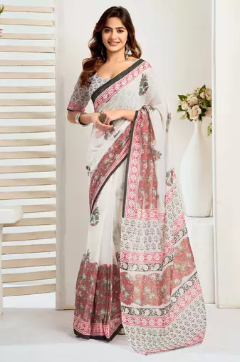 White ready to wear linen blend saree with zari border & floral print | one minute saree with unstitched blouse