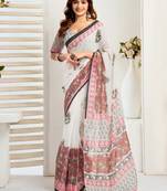 White ready to wear linen blend saree with zari border & floral print | one minute saree with unstitched blouse
