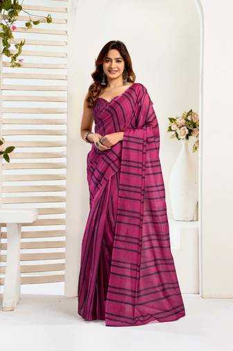 Magenta printed linen ready to wear saree | 1 minute saree style with unstitched blouse