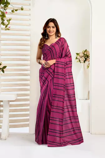 Magenta printed linen ready to wear saree | 1 minute saree style with unstitched blouse