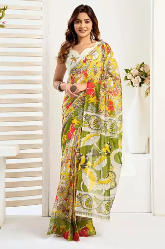 Multicolor printed linen one minute saree with designer border & unstitched blouse
