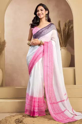 Off-white ready to wear linen saree with printed border & pre-stitched style – unstitched blouse included