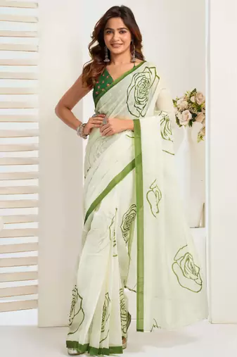 White zari border linen ready-to-wear one minute saree with unstitched blouse