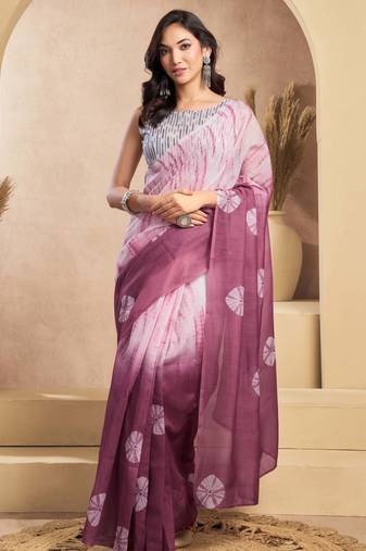 Wine lightweight linen ready-to-wear saree with printed design & unstitched blouse – trendy daily wear