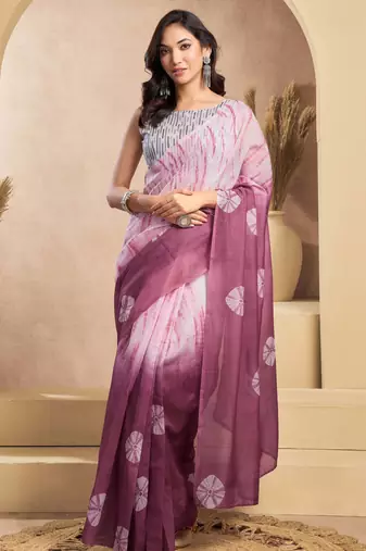 Wine lightweight linen ready-to-wear saree with printed design & unstitched blouse – trendy daily wear