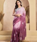 Wine lightweight linen ready-to-wear saree with printed design & unstitched blouse     trendy daily wear