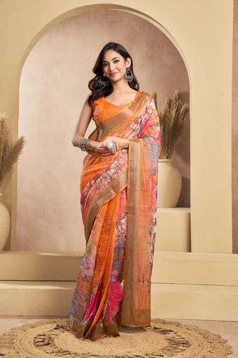 Orange linen printed ready to wear saree with zari work border | easy draping one minute saree