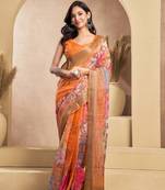 Orange linen printed ready to wear saree with zari work border | easy draping one minute saree