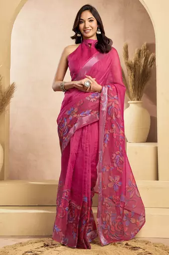 Pink floral printed linen ready-to-wear saree with unstitched blouse – one minute saree collection
