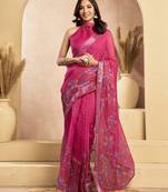 Pink floral printed linen ready-to-wear saree with unstitched blouse     one minute saree collection