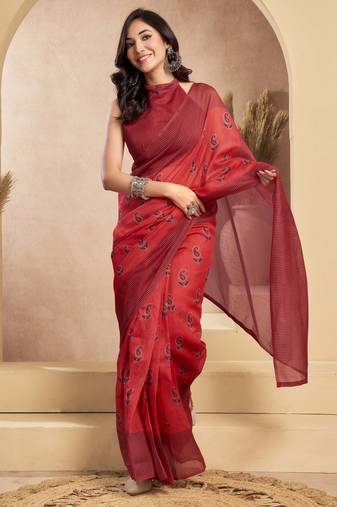 Red ready to wear printed linen saree with zari border – one minute saree – unstitched blouse