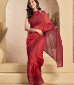 Red ready to wear printed linen saree with zari border     one minute saree     unstitched blouse