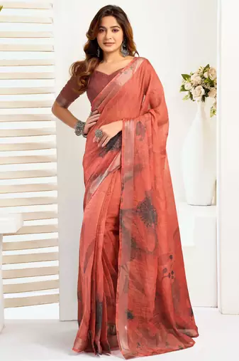 Rust linen printed one minute saree with ready-to-wear draping & zari border – includes unstitched blouse