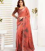 Rust linen printed one minute saree with ready-to-wear draping & zari border – includes unstitched blouse