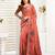 Rust linen printed one minute saree with ready-to-wear draping & zari border – includes unstitched blouse