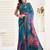 Teal linen zari border ready-to-wear floral print saree with unstitched blouse