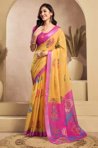 Yellow designer printed linen ready-to-wear saree | pre-stitched one minute saree with blouse piece