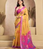 Yellow designer printed linen ready-to-wear saree | pre-stitched one minute saree with blouse piece